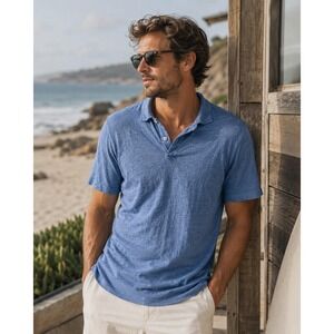 Hartford Polo Shirt Mens Size M Blue 100% Linen Short Sleeve Classics coastal